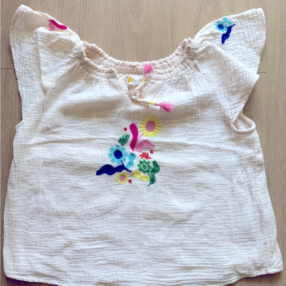 EUC Mini Boden Cream Gauze Peasant Blouse with embroidery